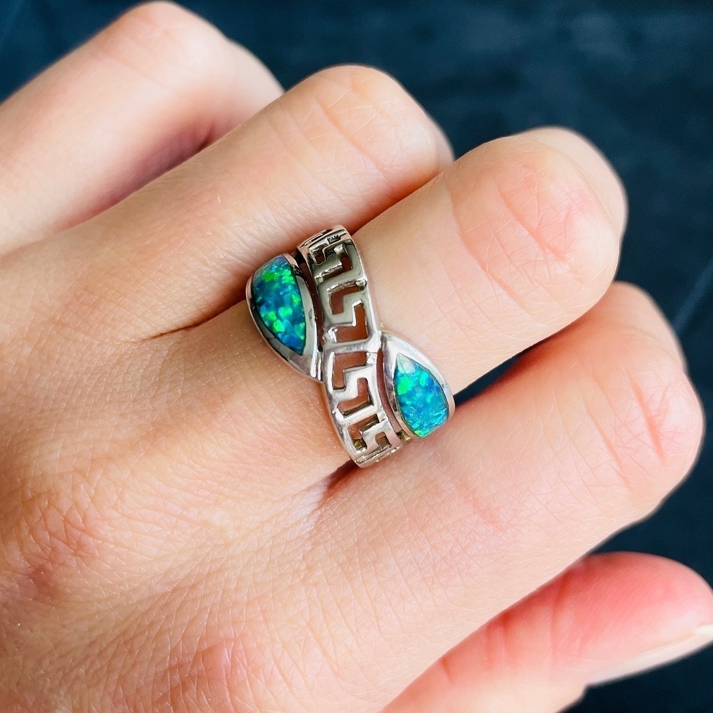 Greek Key Versace Pattern Fire Opal Sterling Silv… - image 1